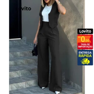 Lovito Conjunto casual com botão liso e bolso frontal Calças LNL51150