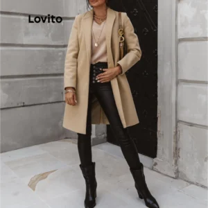 Lovito Casaco Casual Com Bolsos Lisos E Manga Comprida Com Frente Aberta Para Mulheres LNX07219  (Tan/Preto)