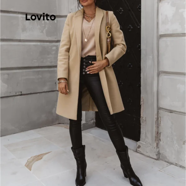 Lovito Casaco Casual Com Bolsos Lisos E Manga Comprida Com Frente Aberta Para Mulheres LNX07219  (Tan/Preto)