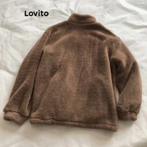 Lovito Casual Casaco Feminino Liso Básico com Zíper LNE29211 (Damasco/Marrom/Cáqui Claro/Preto)