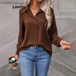 Lovito Blusa Casual Blusa Frontal Com Botão Liso Para Mulheres LNL298