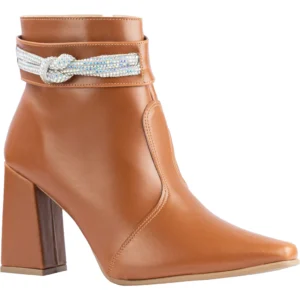 Bota Feminina Lumiss Strass Salto Alto Grosso Bico Fino Confortável Cano Curto Napa Preto