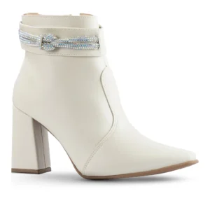 Bota Feminina Lumiss Strass Salto Alto Grosso Brilho Cristal Coturno Bico Fino Confortável Fashion Branco Off White