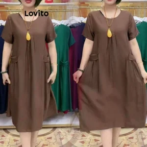 Casual Vestido Liso com Bolso LNA26291 (Marrom)