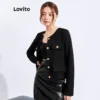 ( Premium) Jaqueta Feminina Elegante Lisa Gola Redonda Botão Estilo Coreano L32FW095 (Preta) - Image 6