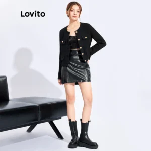 ( Premium) Jaqueta Feminina Elegante Lisa Gola Redonda Botão Estilo Coreano L32FW095 (Preta)