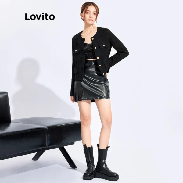 ( Premium) Jaqueta Feminina Elegante Lisa Gola Redonda Botão Estilo Coreano L32FW095 (Preta)