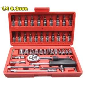 Maleta Jogo Conjunto Chave catraca 46/40 peças 1/4'' com soquete reversível resistente aço inox