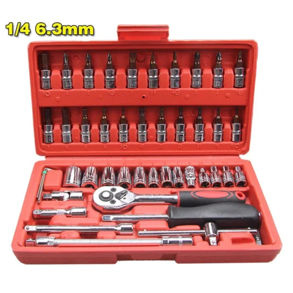 Maleta Jogo Conjunto Chave catraca 46/40 peças 1/4'' com soquete reversível resistente aço inox