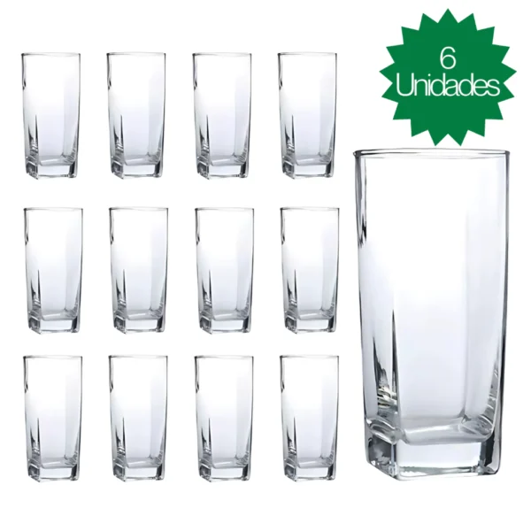 Jogo De 6 Copos Vidro Bali Quadrado Luxo Transparente 320ml